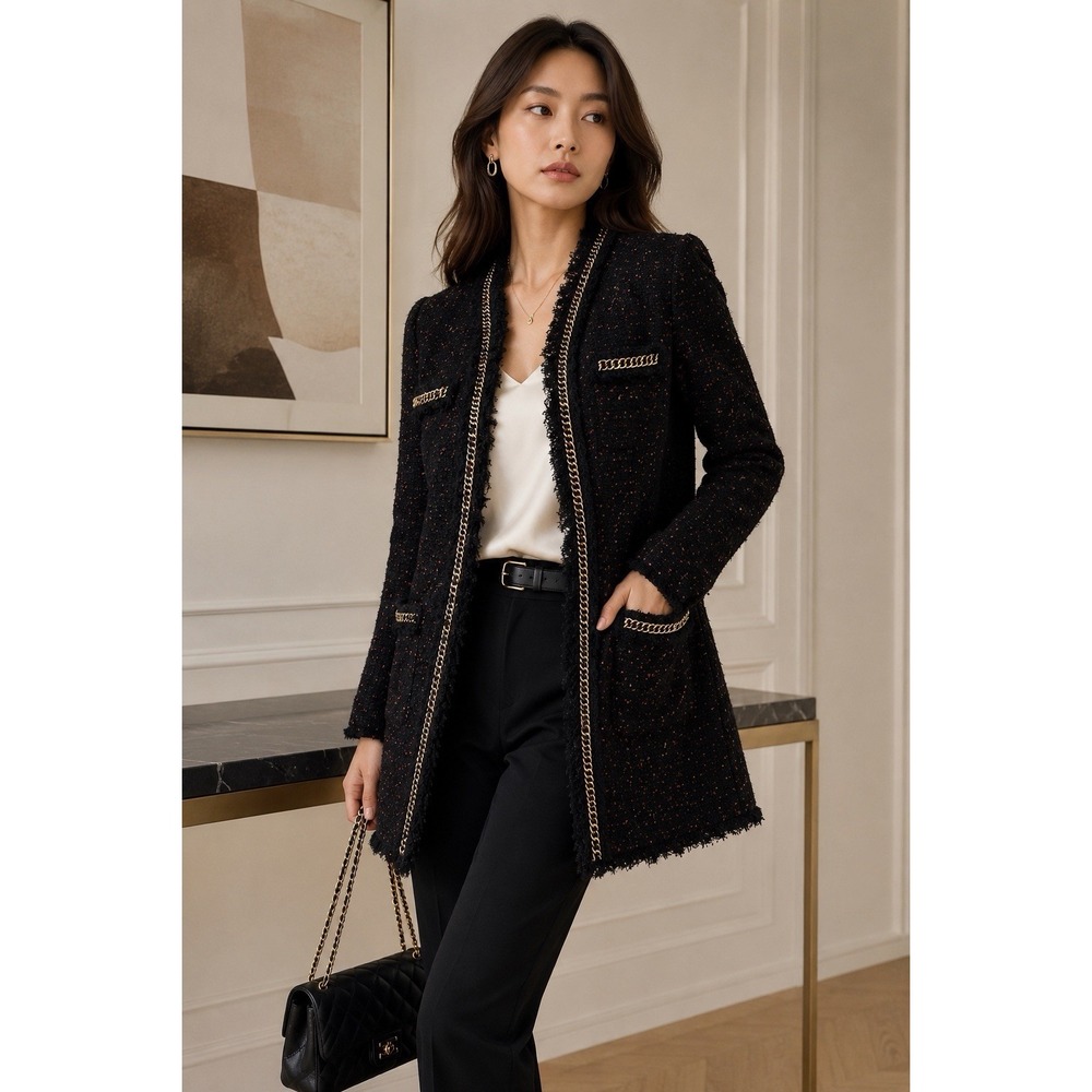 Jiggot Black Tweed Jacket Suit Blazer Women Sz 6/M Chain Detail Designer Long